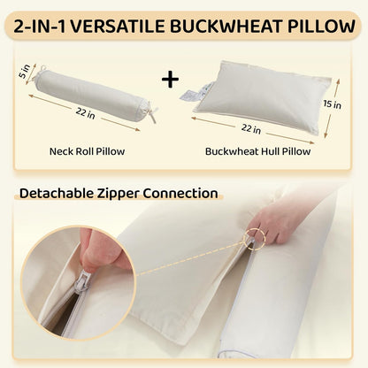 Buckwheat Pillow – 3-Point Head Neck Shoulder Support, Detachable | Fill Shoulder Gap for Pain-Free For Side&Back Sleepers, Adjustable Buckwheat Pillow for Sleeping, Extra Organic Pillowcases