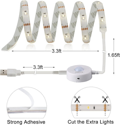 USB Led Light Strip Motion Activated, 3.3ft,Under Bed Light with Automatic Shut Off Timer, Sensor Night Strip Light,Lighting Decoration,Warm White