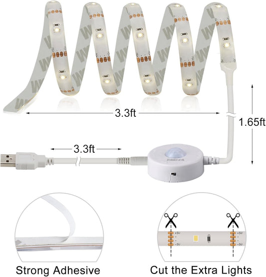 USB Led Light Strip Motion Activated, 3.3ft,Under Bed Light with Automatic Shut Off Timer, Sensor Night Strip Light,Lighting Decoration,Warm White