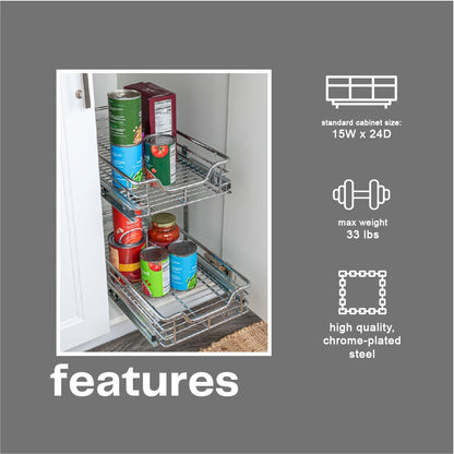 Household Essentials Glidez Multipurpose Chrome-Plated Steel Pull-Out/Slide-Out Storage Organizer for Cookware and Bakeware - 2-Tier Design - Fits Standard Size Cabinet or Shelf, Chrome