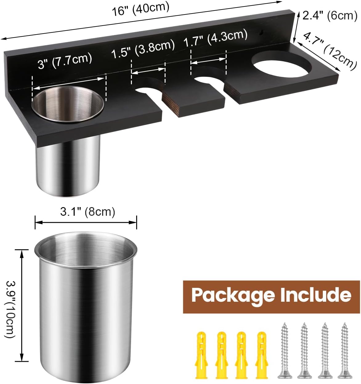 Hair Tool Organizer for Bathroom – Wall Mounted Hair Dryer Holder with Heat-Resistant Cups, Curling Iron & Straightener Rack, Blow Dryer Organizer for Vanity or Wall (Black)