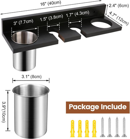 Hair Tool Organizer for Bathroom – Wall Mounted Hair Dryer Holder with Heat-Resistant Cups, Curling Iron & Straightener Rack, Blow Dryer Organizer for Vanity or Wall (Black)