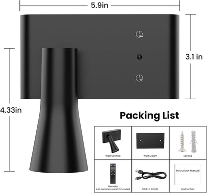 Koopala Battery Operated Wall Sconce, 10000mAh Dual Head Reading Light | LED Wall Lights with 3 Color Temperatures Dimmable, Remote &Touch, Wireless Sconces for Bedroom Living Room Hallway