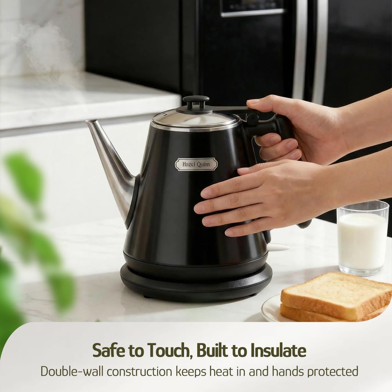 Hazel Quinn Electric Kettle, 1L/34oz Small Tea Kettle - Pearl White | 800W Fast Boil, 304 Stainless Steel Interior, Double-Wall Cool Touch, Gooseneck Spout, Auto Shut-Off, BPA-Free Cordless Home