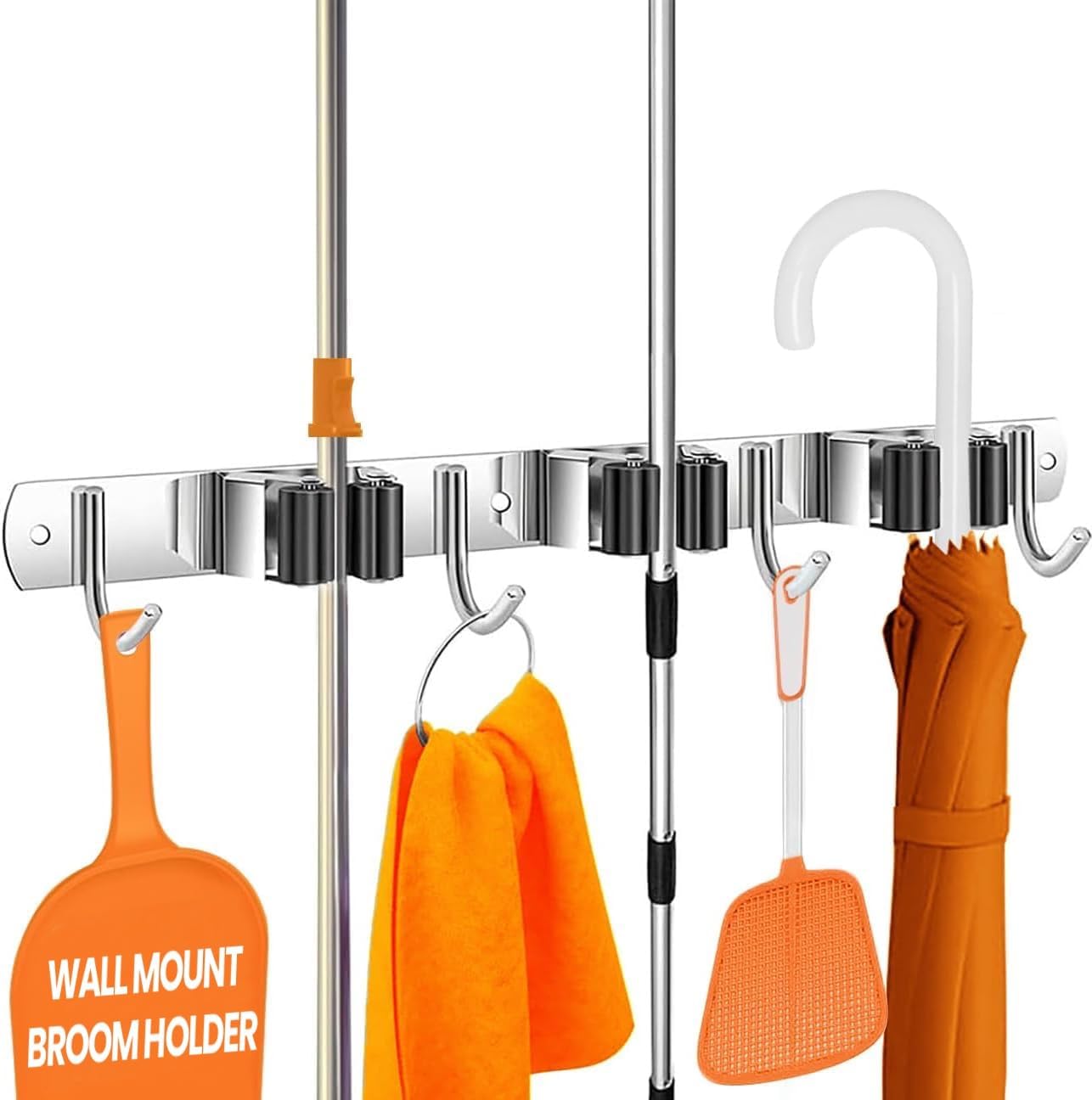 Mop and Broom Holder - Clear Cleaning Clutter and Reclaim Your Space | 5 Racks + 4 Hooks - Rust-Resistant Wall Organizer Holds Cleaning and Garden Tools Securely in Garages and Kitchens