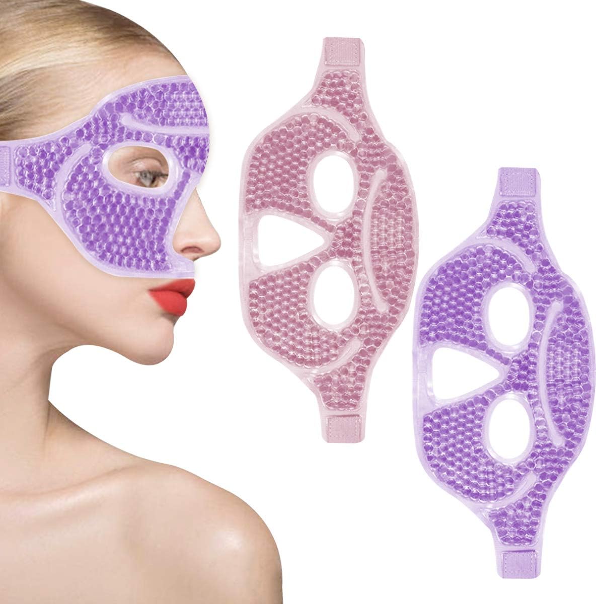 Cooling Gel Eye Mask with Eye Holes, 2 PCS Cold Eye Packs for Puffiness & Swelling, Reusable Hot Cold Compress Heat Ice Gel Pack, Purple and Pink