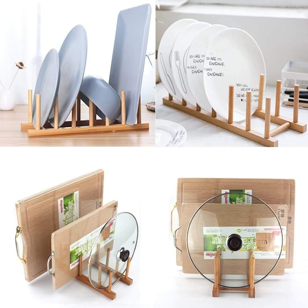 INNERNEED Bamboo Wooden Dish Rack, Vertical Plate & Lid Organizer | for Kitchen Cabinet or Countertop, Drying Stand for Dishes, Cutting Boards