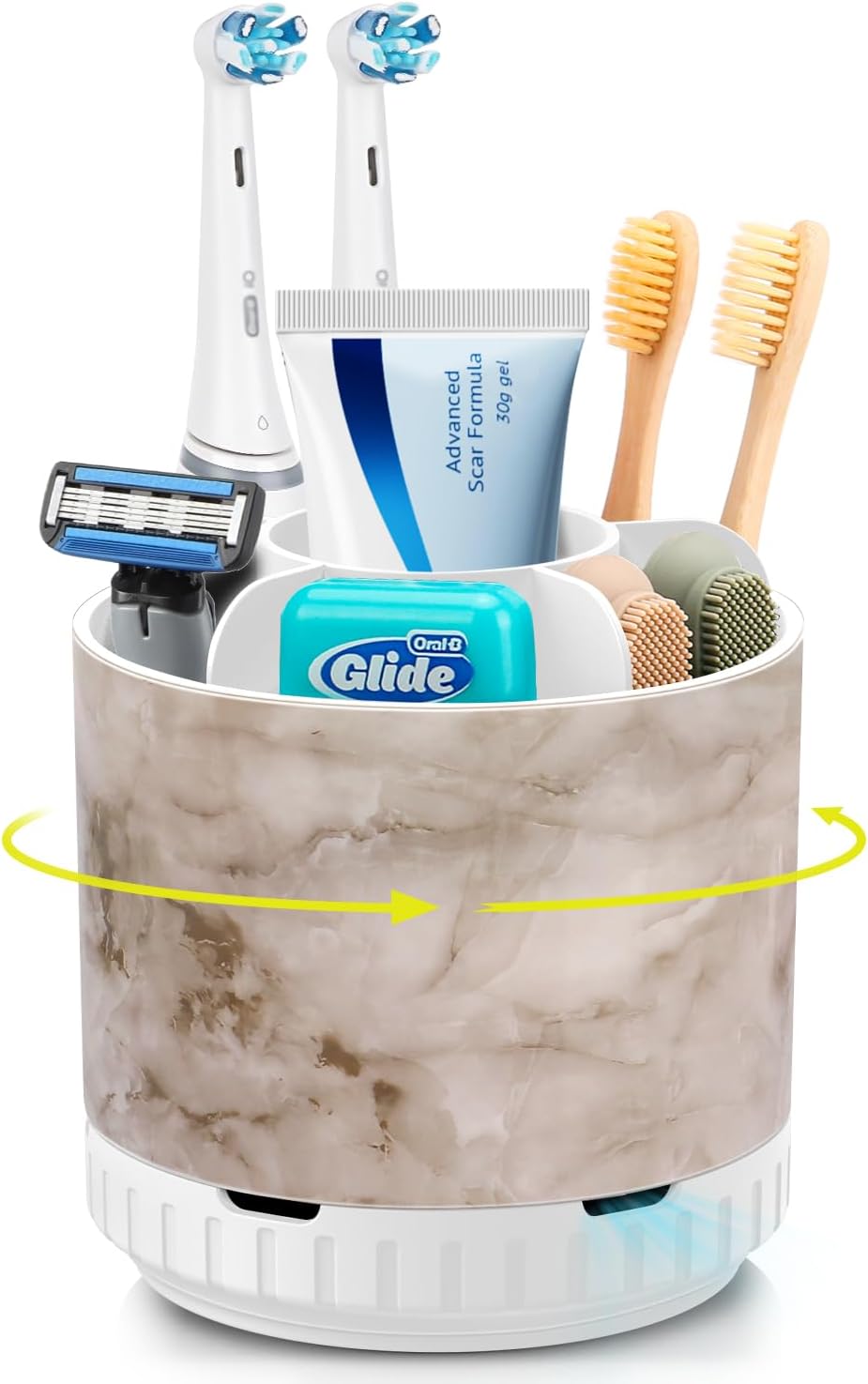 GFWARE Rotating Silver Toothbrush Holder for Bathroom Organizer, Drainage | Detachable 6 Slots Kids Electric Toothbrush and Toothpaste Holder, Bathroom Countertop Sink Storage Caddy