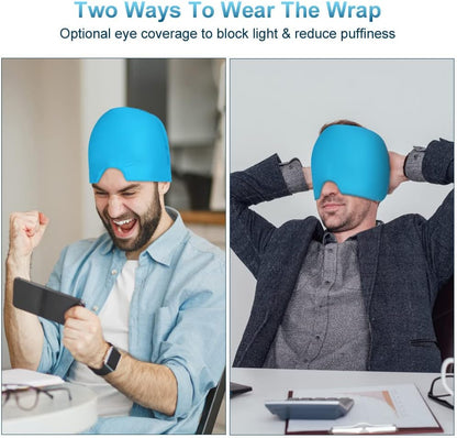 AOOWU Migraine Relief Cap, Reusable Soothing Headache Cap, Odorless Cooling Gel Ice Hat, Ice Pack Head Wrap, Hot and Cold Therapy, Cold Face Mask for Tension Stress Hangover Sinus Puffy Eyes, Blue