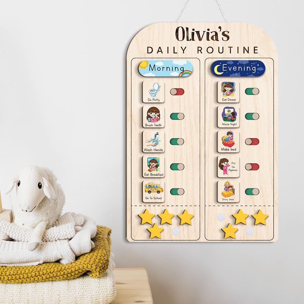 TinyKidz Wooden Daily Routine Chart 11x15, Schedule Board for Kids, Wooden Chore Chart for Kids, Responsibilities Chart for Toddlers, Morning Bedtime Routine for Toddlers