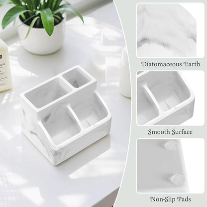 Luxspire Diatomite Toothbrush Holder, 2 Slots, Marble White | Fast Drying, Diatomaceous Earth, Electric Tooth Brush and Toothpaste Organizer, For Bathroom Kitchen Vanity Countertop