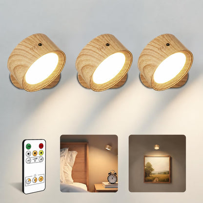LED Wall Mounted Lights, Rechargeable Wall Sconces, 3 Color Temps, Remote & Touch, 360° Rotating and Dimmable for Bedroom, Bedside & Reading (Black, 2 Pack)