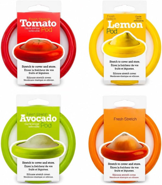 Food Storage Containers for Fruit & Vegetable - 4 Pack Set: Avocado, Lemon, Apple, and Onion Savers - Airtight Silicone Stretch Covers for Kitchen Fridge - BPA Free