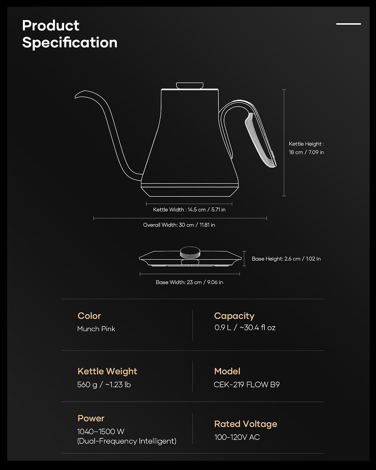 Cocinare Gooseneck Electric Kettle, ±1°F Precise Temperature Control, 1500W Fast Heating, Pour Over Coffee & Tea Kettle with Brew Timer & Keep Warm, Stainless Steel, 0.9L (Matte Black)