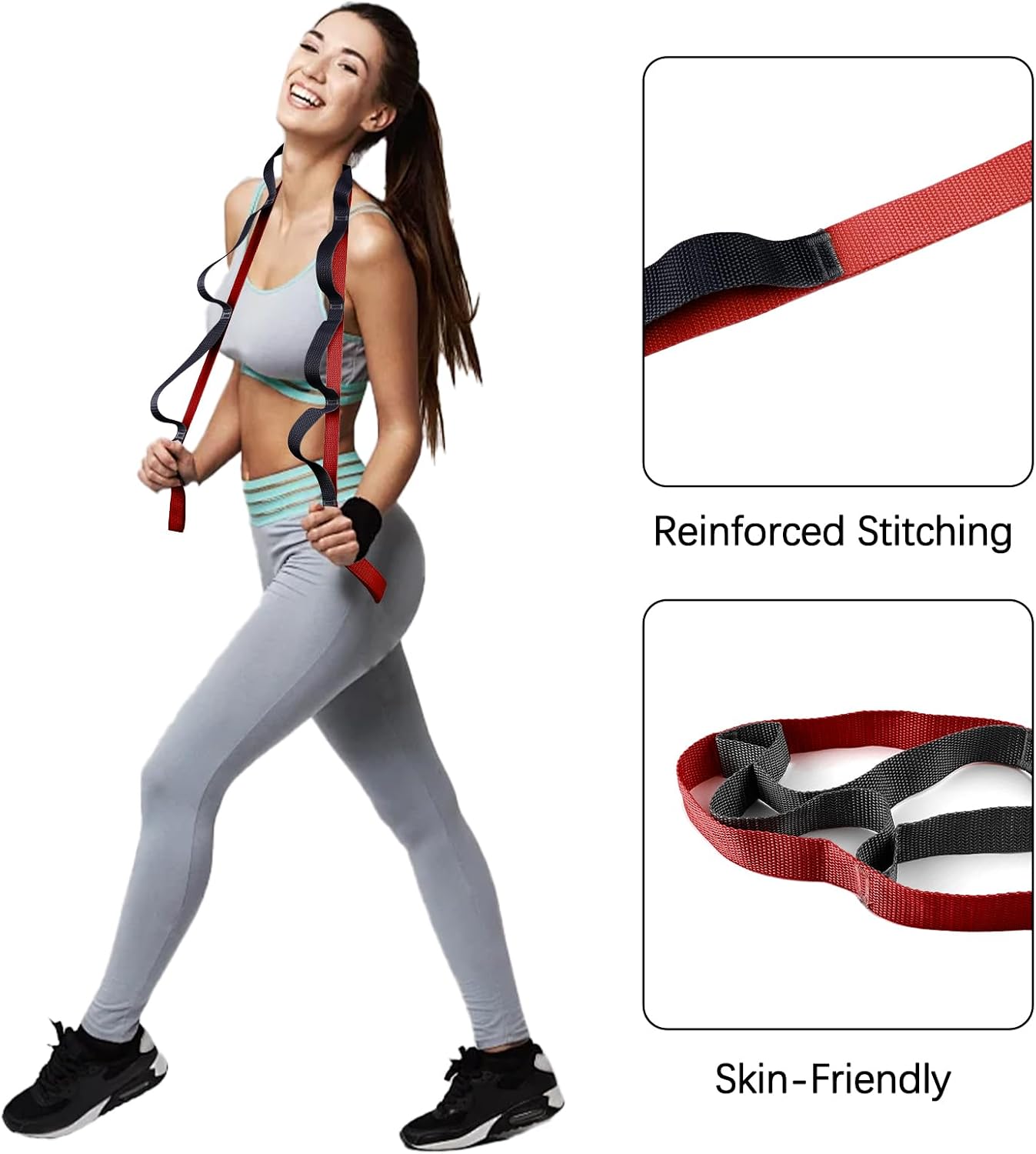 10 Loop Yoga Stretching Strap for Physical Therapy - Non-Elastic Exercise Band for Pilates, Yoga, Stretching for Women & Men