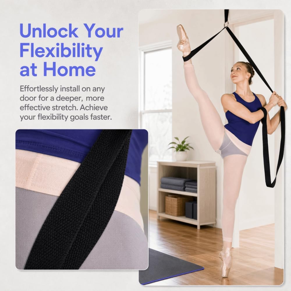 Over Door Ballet Leg Stretch Strap with Door Anchor, Black | Door Anchor Included, Metal Buckles And D-Rings, Storage Pouch, Splits And High Leg Stretches, Home Studio Gym Travel