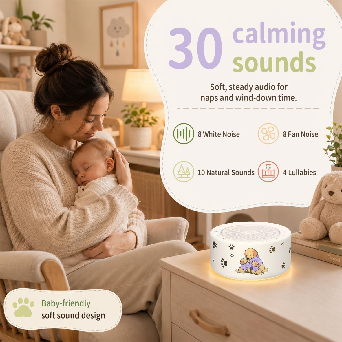 Kipcush White Noise Machine for Baby & Adults, 30 Soothing Sounds, Sleep Sound Machine with 8 Color Night Light, Memory Function, White Noise for Sleeping, Nursery, Office, Travel & Relaxation