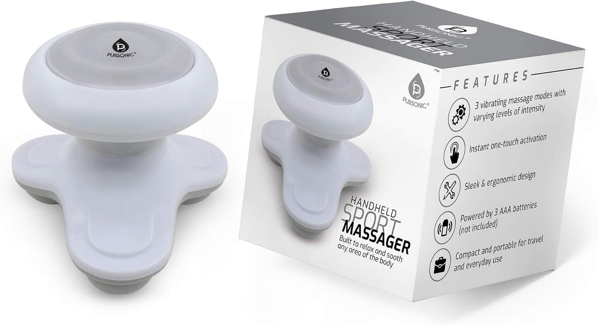 Pursonic Handheld Sport Massager Mini Portable for Hand, Head, Neck, Back, Legs & Arms Pain Relief Easy Grip Handle, 3 Vibrating Massage Modes (White)