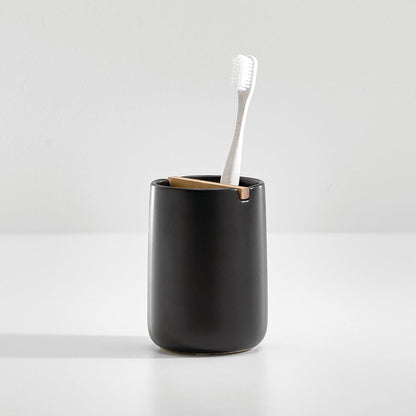 iDesign Ceramic Earth Collection Toothbrush Holder, Moss/Natural Wood | Paulownia Wood Divider