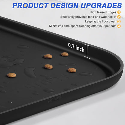 SMILOOL Waterproof Silicone Pet Food Mat with Raised Edge for Dog & Cat | 19" x 12" Non-Slip Pet Feeding Mats with Lip for Food & Water Bowl, Food Grade, Easy Cleaning, Black