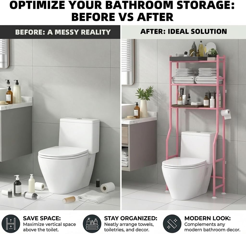 GloTika 3-Tier Over Toilet Storage, Anti-Tilt, 64" H, Black | Anti-Tilt Safety System, 150lb Capacity, Carbon Steel, Freestanding, No Drilling, Anti-Rust Coating, Paper Holder & 4 Hooks