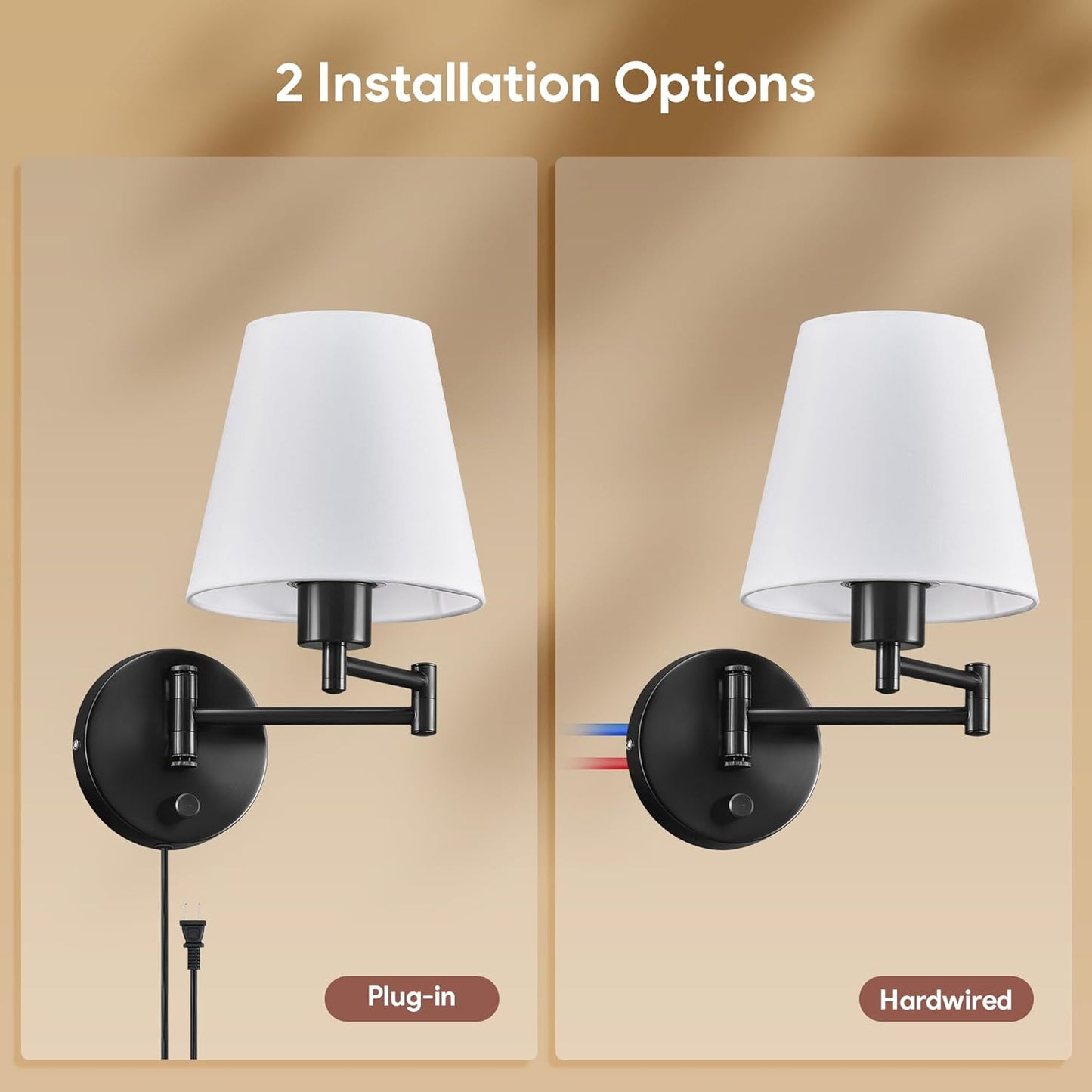 VONLUCE Wall Lamp, Plug in & Swing Arm Wall Sconce, Nickel Finish | Modern Wall Lights with White Fabric Shades, Plug in & Hardwired Wall Mounted Light for Bedside, Living Room, Hallway