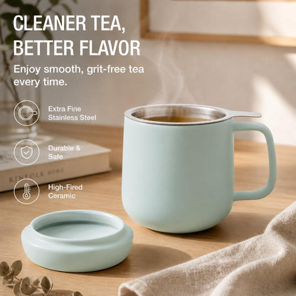 Tealyra - Sumo Porcelain Loose Tea Steeping Mug - 15oz/450 ml Ceramic Tea Cup with Infuser and Lid/Coaster - Extra Fine Stainless Steel Infusion Strainer - For Home or Office - Yellow