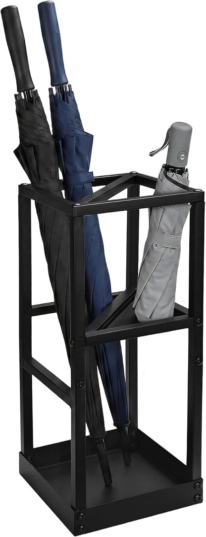 Umbrella Stand for Entryway Metal Geometric Freestanding Umbrella Holder or Cane Holder with Shelf for Small Umbrellas and Bottom Drip Tray, Black