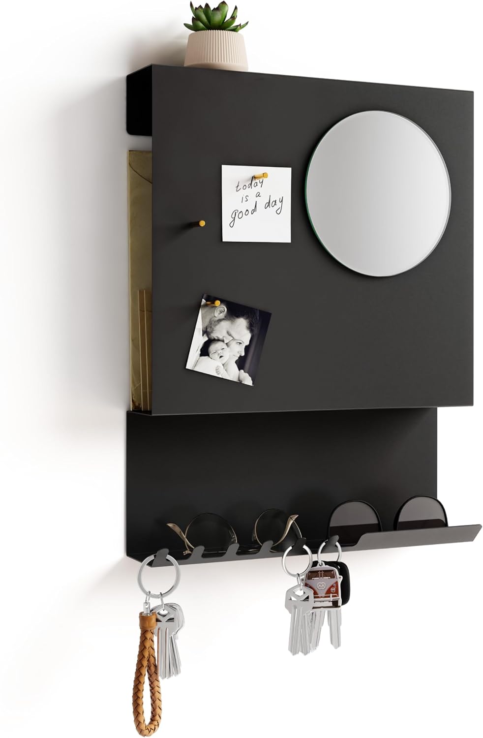 Key Holder Wall Mount and Mail Organizer - Hide Your Mail with a Modern and Minimal Look (Black)