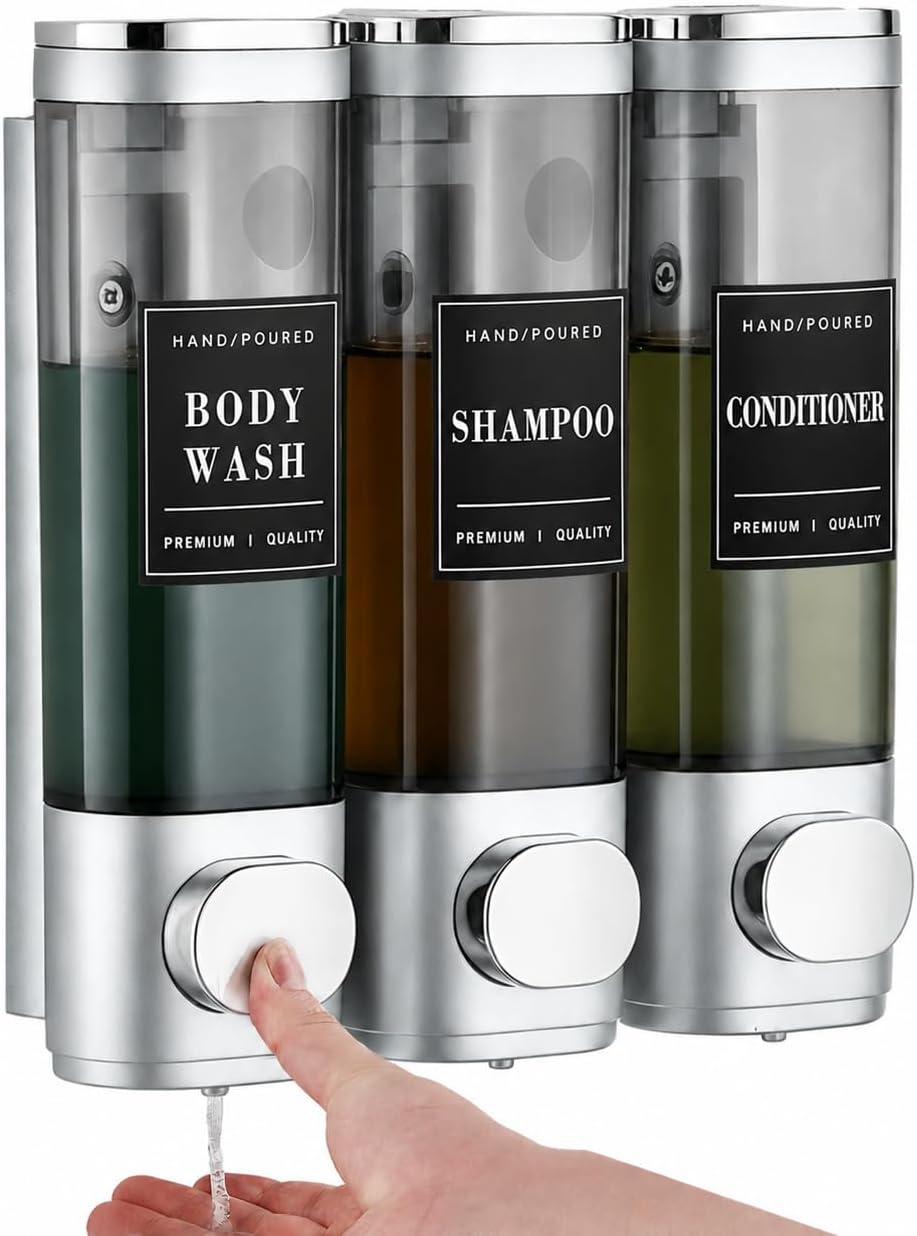 Wall Mounted Shower Soap Dispenser 3 Chamber,No Drill Shower Dispenser | Shampoo and Conditioner Dispenser for Bathroom Hotel Large Capacity, each 300ml with two waterproof labels,Gold