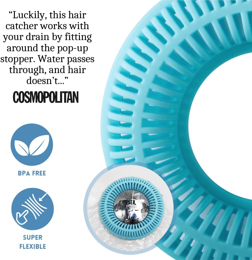 TubRing Pop-Up Drain Protector & Strainer Silicone Hair Catcher, Aqua | Easy snap-in design fits around bathtub stoppers. Customizable utility guard for clog prevention. Fits 1.85"- 2.16" drains.
