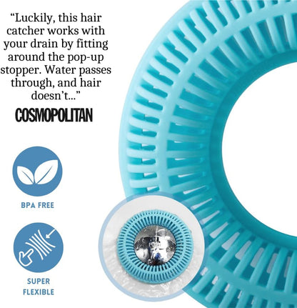 TubRing Pop-Up Drain Protector & Strainer Silicone Hair Catcher, Aqua | Easy snap-in design fits around bathtub stoppers. Customizable utility guard for clog prevention. Fits 1.85"- 2.16" drains.