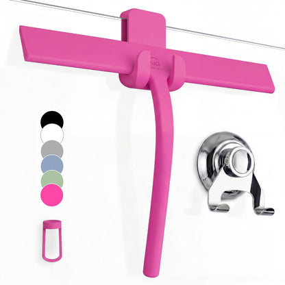 Silicone Shower Squeegee with 3-in-1 No-Drill Mount, Black, 9'' | Squeegee for Glass Doors & Mirrors with Stainless Steel Core, Streak-Free & No-Squeak Window Cleaning, Hook/Suction/Adhesive