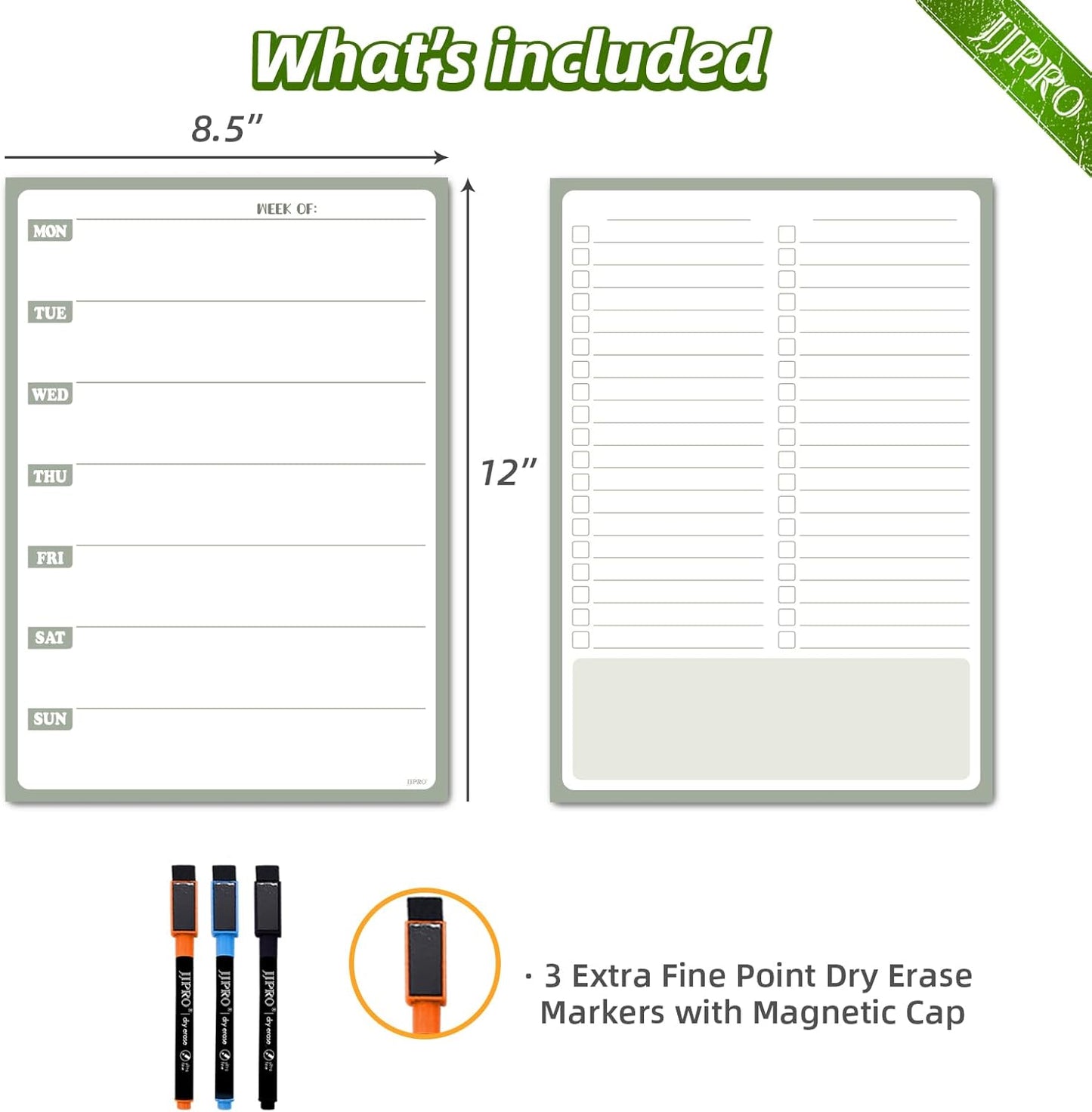 JJPRO Non-Magnetic Dry Erase Weekly Calendar for Fridge, Reusable Weekly Planner and to Do List Whiteboard Bundle -Starts Sunday,8.5"x12" Reusable Calendars Stick to Fridge,Wall, All Smooth Surfaces
