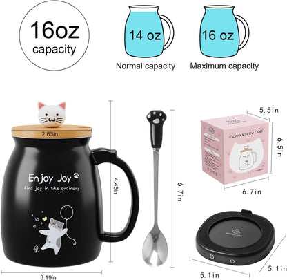 Cat Mug Coffee Mug Warmer Set for Desk Electric Heated Tea Cup Candle Plate | Cute Cat Cup Warmer Set, Self Heating Tea Warmer for Office Home, 8Hrs Auto Shut Off 4 Temperature Setting, Christmas Gift