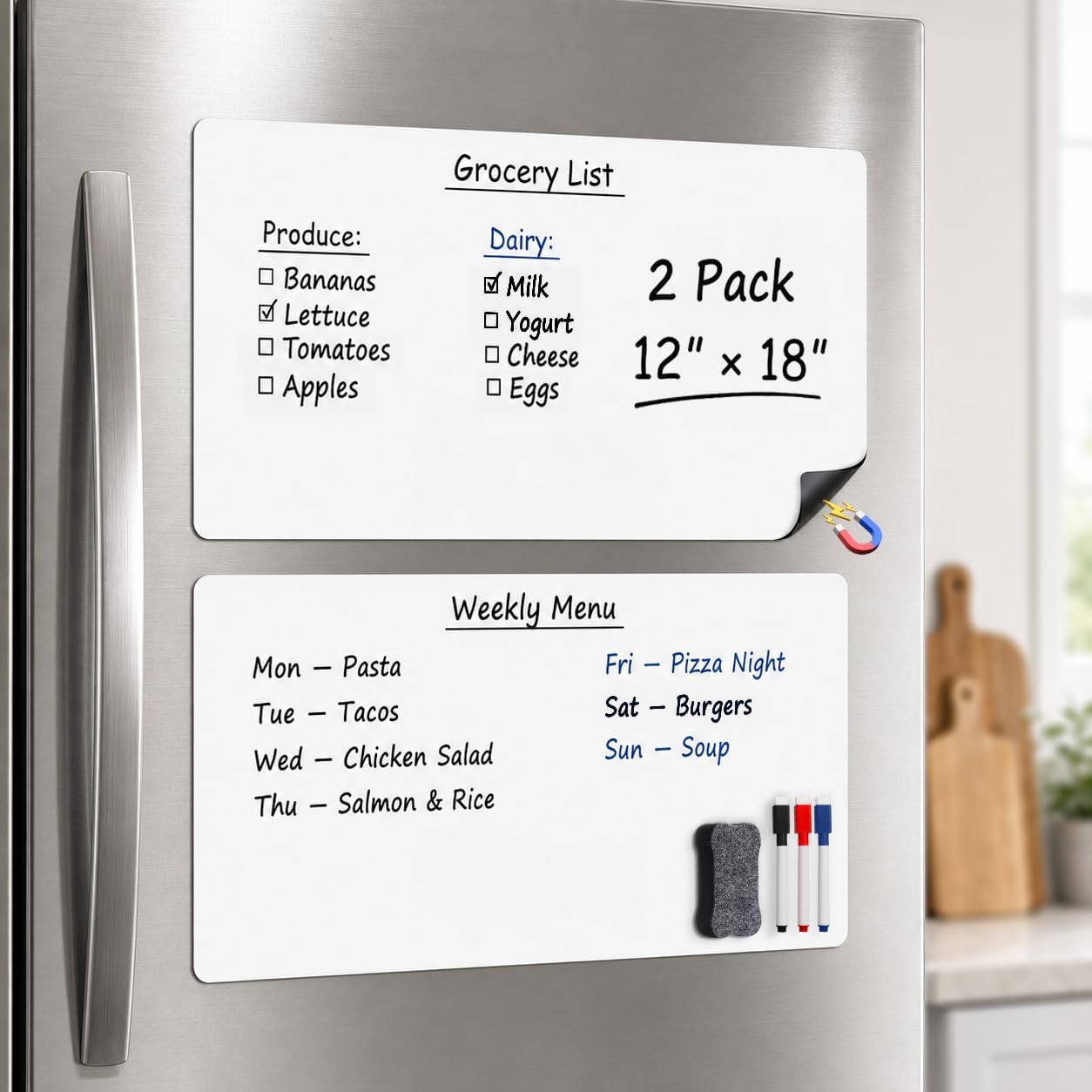 Magnetic White Board for Refrigerator Plan Weekly Menus at a Glance | Dry Erase Sheet for Meal Schedules - 12" x 8" Kitchen Command Center for Busy Moms with Magnet Backing Packed Flat