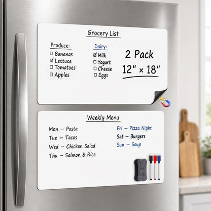 Magnetic White Board for Refrigerator Plan Weekly Menus at a Glance | Dry Erase Sheet for Meal Schedules - 12" x 8" Kitchen Command Center for Busy Moms with Magnet Backing Packed Flat