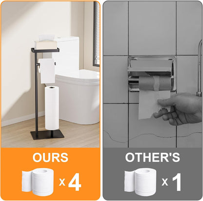 Toilet Paper Holder Free Standing - Toilet Paper Stand with Shelf | Storage for 4 Rolls- Bathroom Organizers, No Drill, for Large Toilet Rolls, 29.7 inch*12.6 inch (Matte Black)