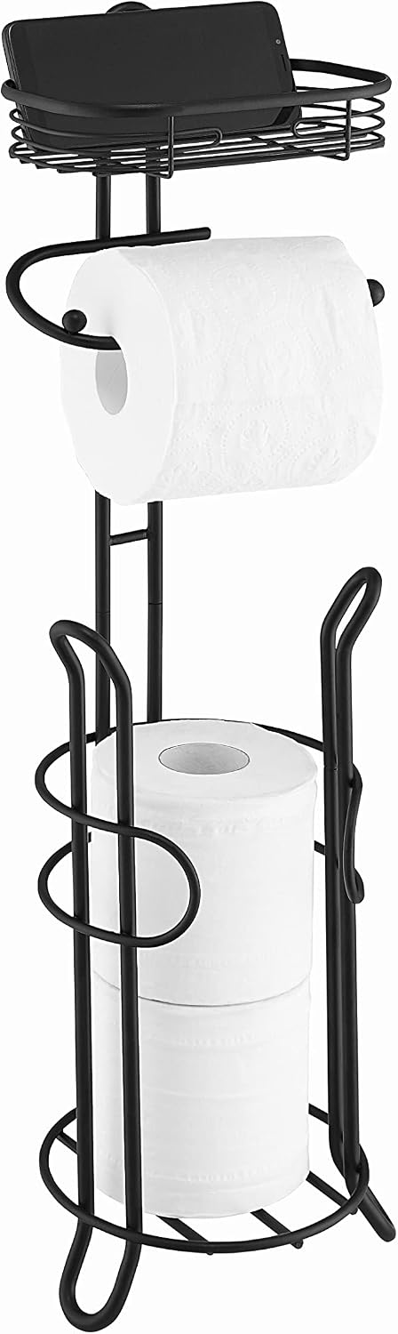 SunnyPoint Bathroom Heavyweight Toilet Tissue Paper Roll Storage Holder Stand with Reserve and Shelve, The Reserve Area Has Enough Space to Store Mega Rolls. (Chrome)
