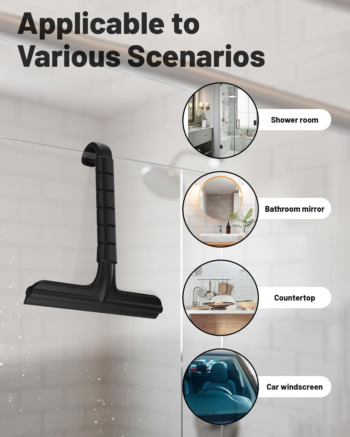2-in-1 Silicone Shower Squeegee with Hook,Dual-Sided Design with Scraper & Scrub Surface,Rust-Proof Stainless Core,Streak-Free Bathroom Squeegee for Glass Doors,Mirrors,Windows,Car Windshields (Black)