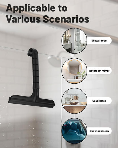 2-in-1 Silicone Shower Squeegee with Hook,Dual-Sided Design with Scraper & Scrub Surface,Rust-Proof Stainless Core,Streak-Free Bathroom Squeegee for Glass Doors,Mirrors,Windows,Car Windshields (Black)