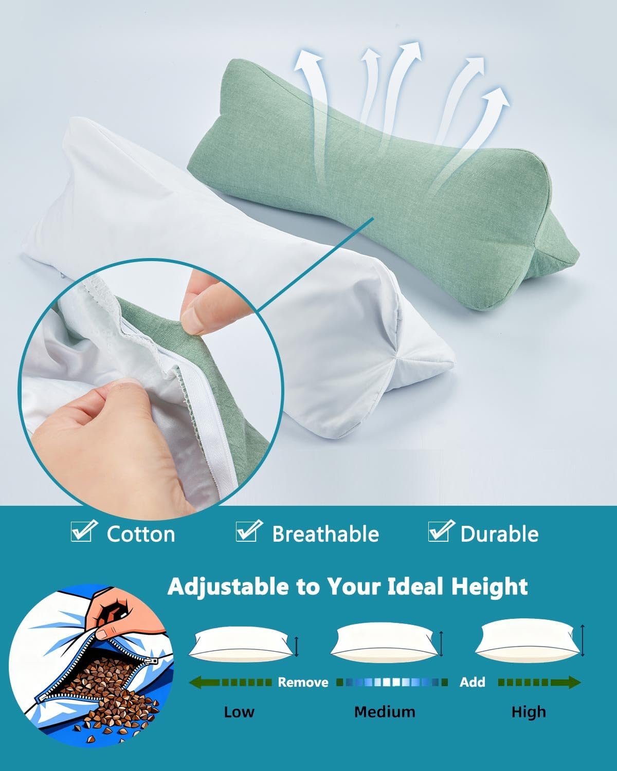 Buckwheat Cervical Neck Roll Pillow, Adjustable Firm Support for Neck Pain Relief, 15.7x6 Inch Buckwheat Hull Pillow for Back Side Sleepers
