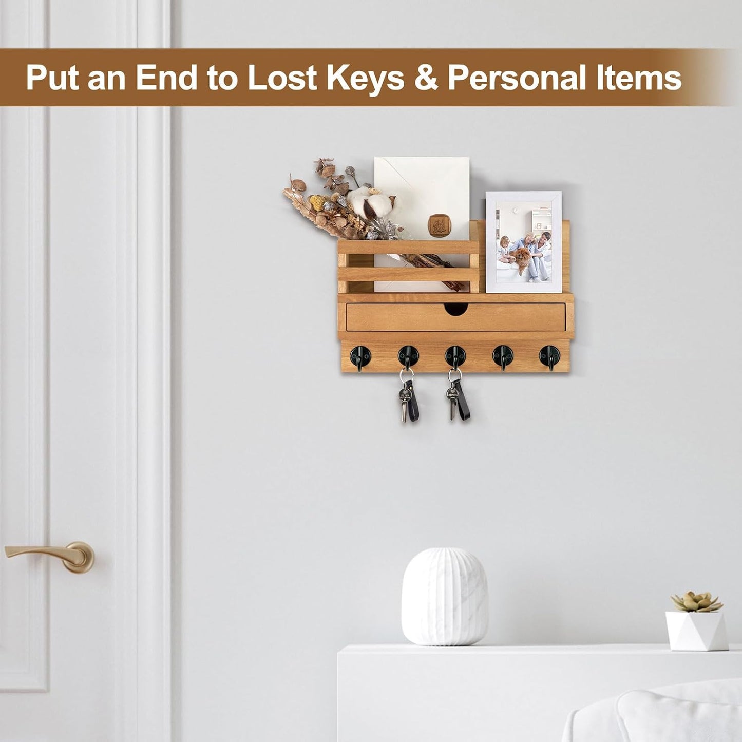 Key Holder Wall Mount, Mail Holder with Storage Drawer | Key and Mail Holder with 5 Key Hooks for Coat, Dog Leash, Home Decor Rack, House Accessories, Entry Way Organizer