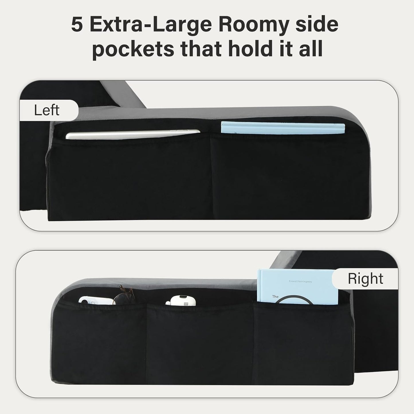 Vekkia 21" Reading Pillow for Bed with Adjustable Arms and XL Side Pockets | 60° Wedge Back Support, Washable Cover, Support Chair for TV, Gaming, Working, Nursing, Recovery in Bed & Floor, Black/Gray