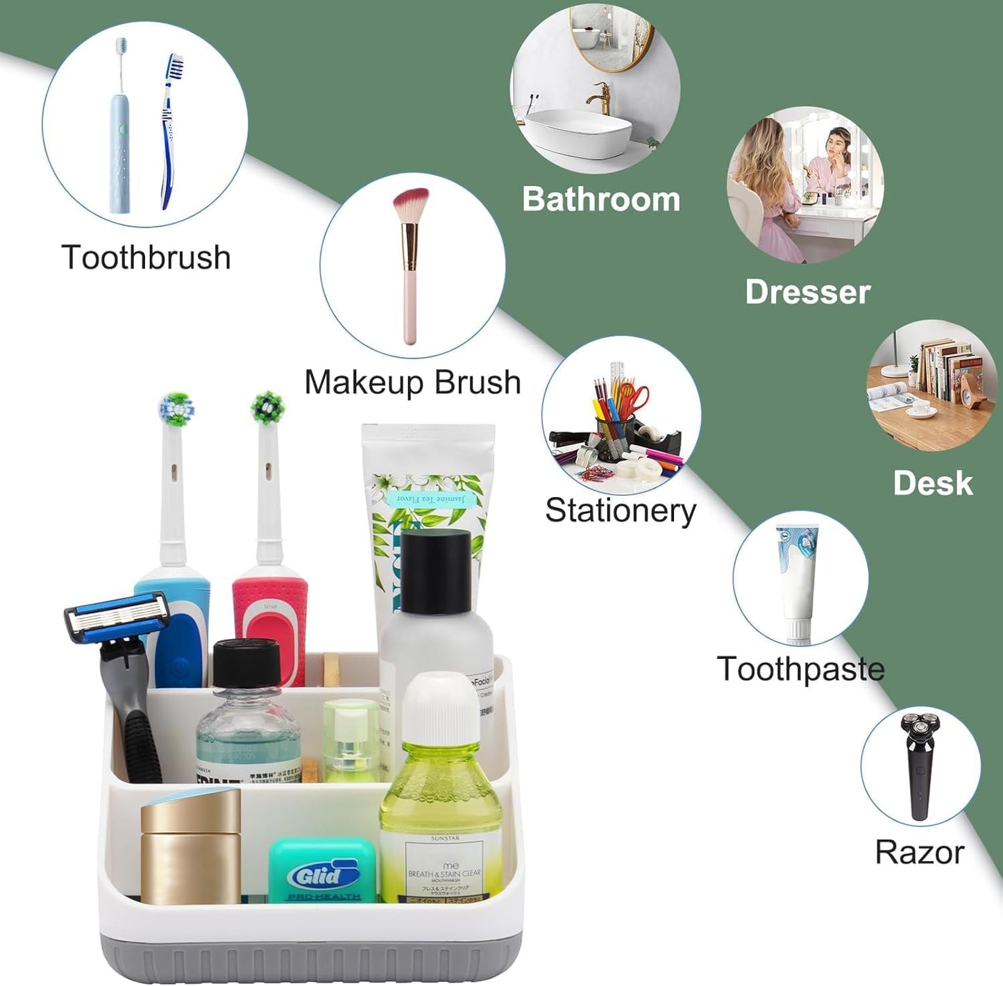 Toothbrush Holders for Bathrooms,6 Slots, Detachable for Easy Clean, White | Electric Toothbrush, with bamboo divider, drainage hole, BPA-free,bathroom,office,kictchen,vanity countertop organizer