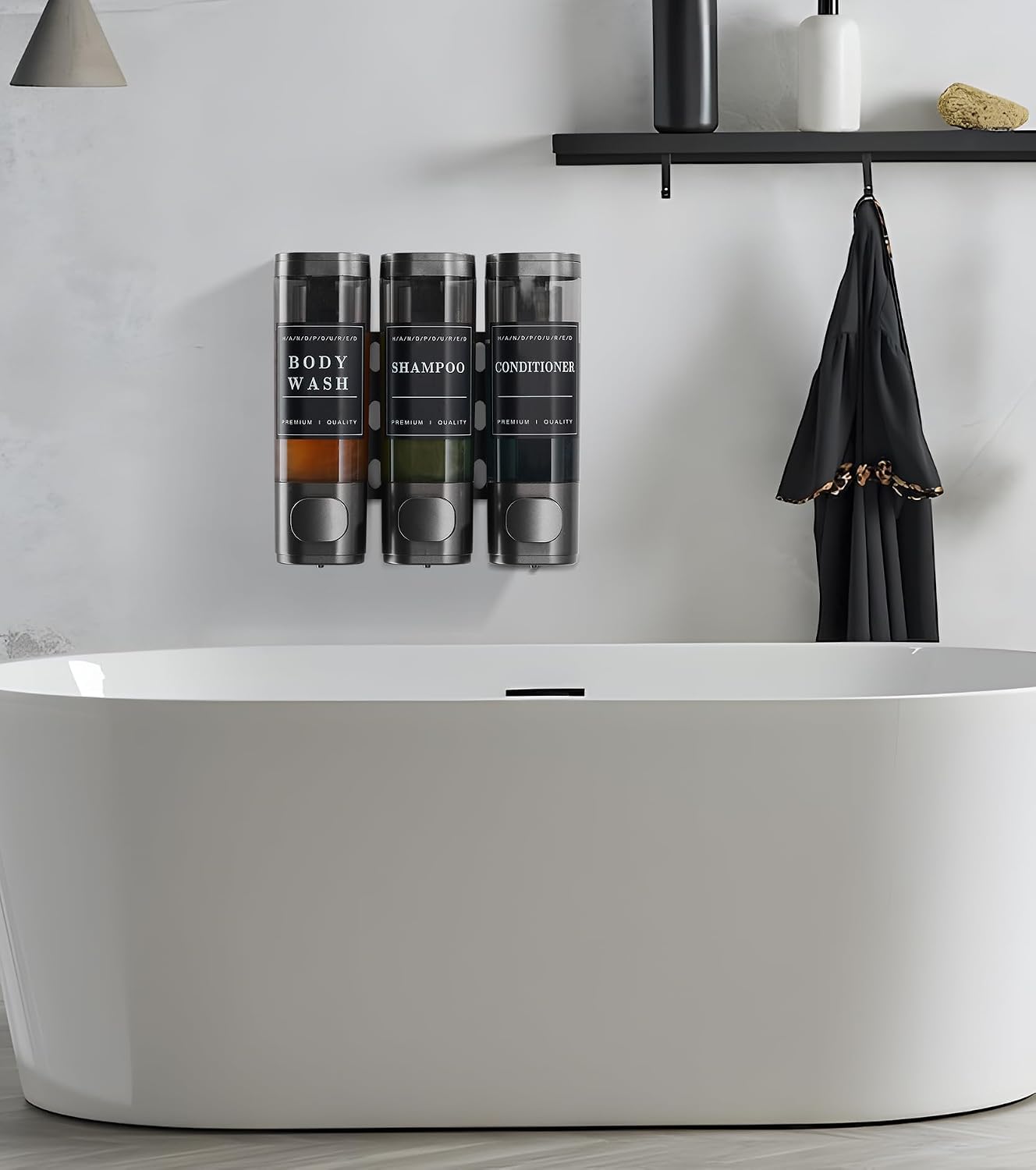 Cabo Deseado Shower Soap Dispenser Wall Mounted No Drill Shampoo Dispenser for Shower Wall Shampoo and Conditioner Dispenser Bathroom Hotel 3 * 350ml Gungray with Labels