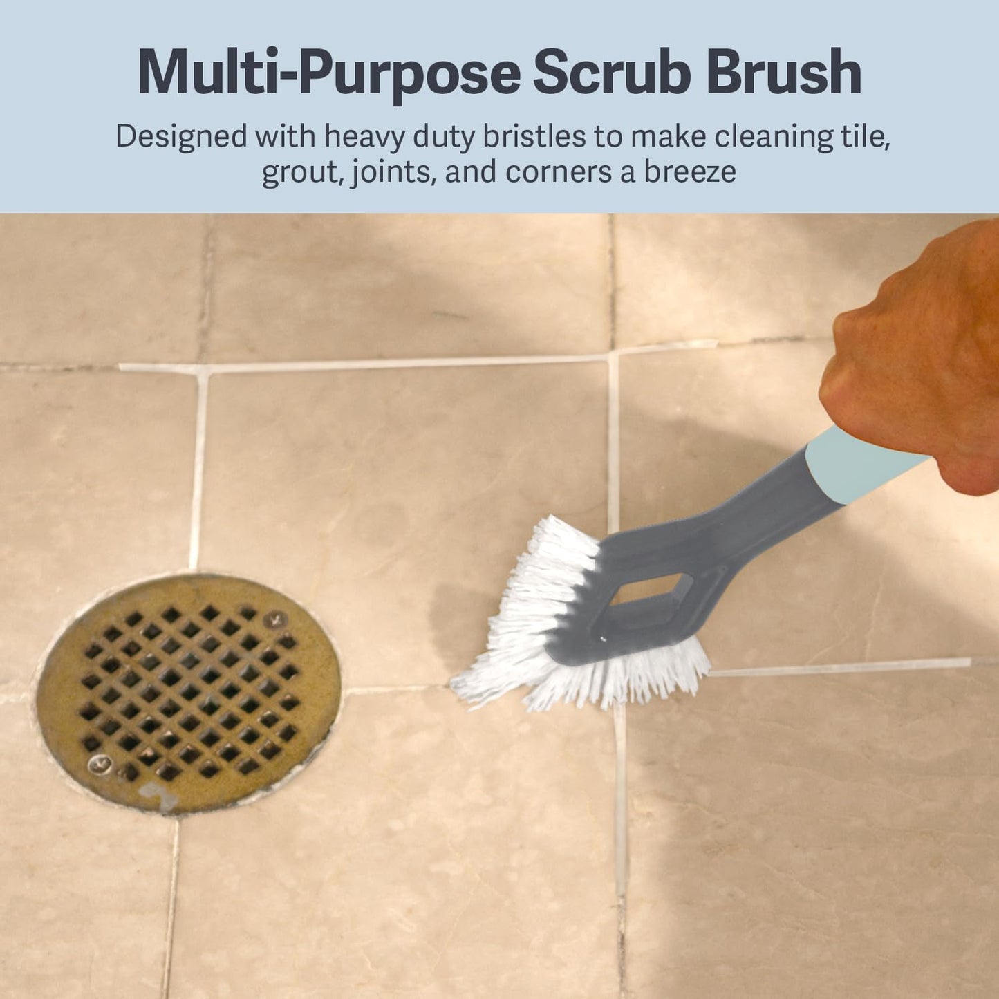 Casabella Smart Scrub Heavy-Duty Tile and Grout Brush for Tile Joints, Grout Cleaner Brush with Nonslip Handle, Gray/Aqua