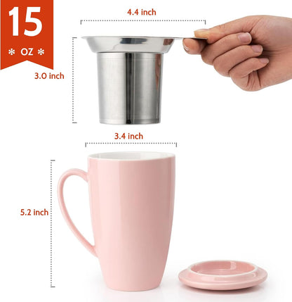 Sweese 15oz Porcelain Tea Mug with Infuser and Lid – Microwave Safe, Ergonomic Handle, Lead-Free Glaze, for Loose Leaf Tea