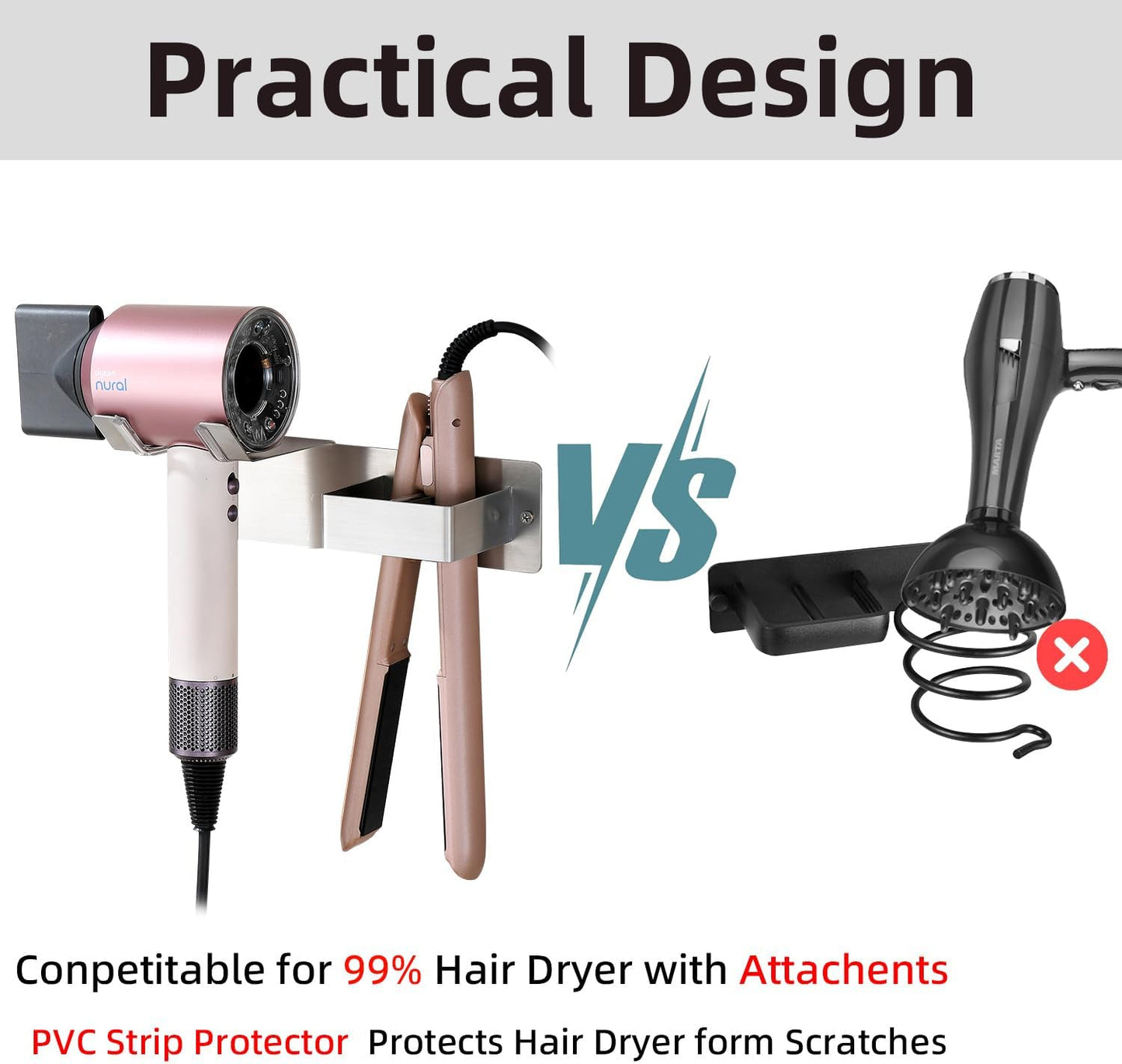 Hair Dryer Holder Wall Mounted, Stainless Steel Blow Dryer Holder for Bathroom, Hair Dryer and Straightener Holder Adhesive or Drilling, Hair Tool Organizer for Salon Barber Shops Banjekt