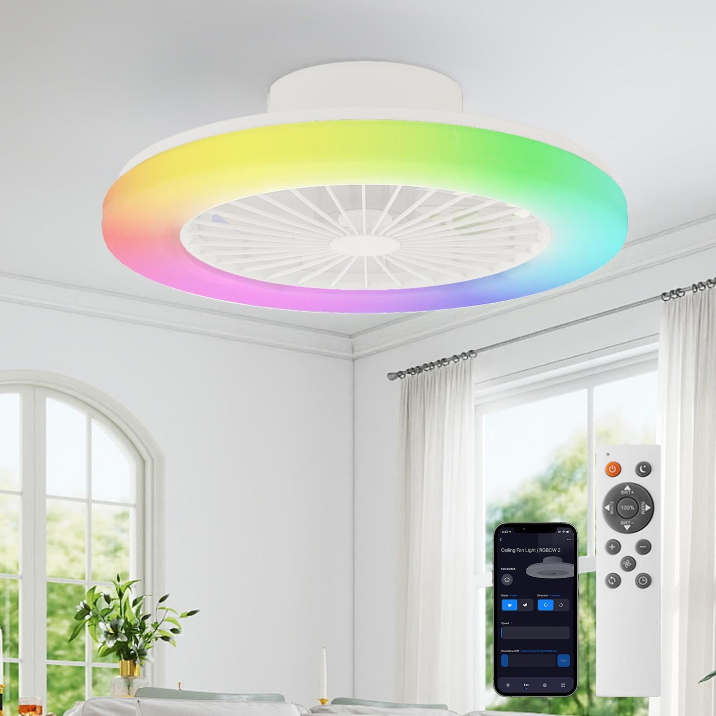 18.9" RGB Flush Mount Ceiling Fan with Light, 6 Speeds 3 Colors | Indoor Ceiling Fan · RGB+3CCT Dimmable · App/Remote Control · Quiet DC · 6-Speed Reversible · Flush Mount 18.9" · Kids Room
